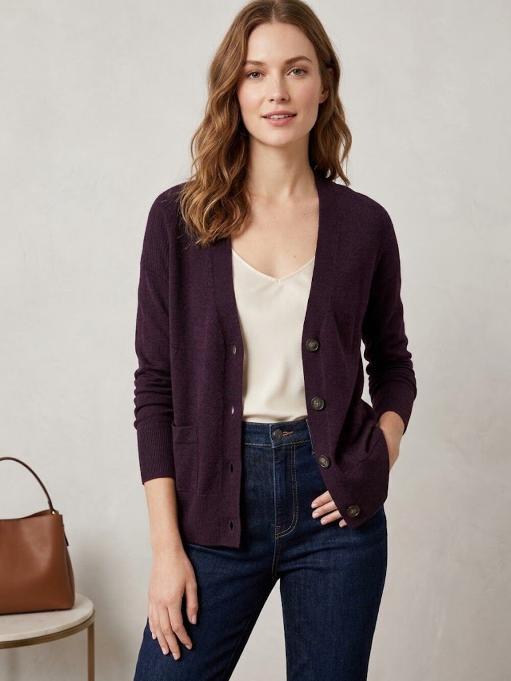 LOFT Wool-Blend V-Neck Button-Up Cardigan in Eggplant